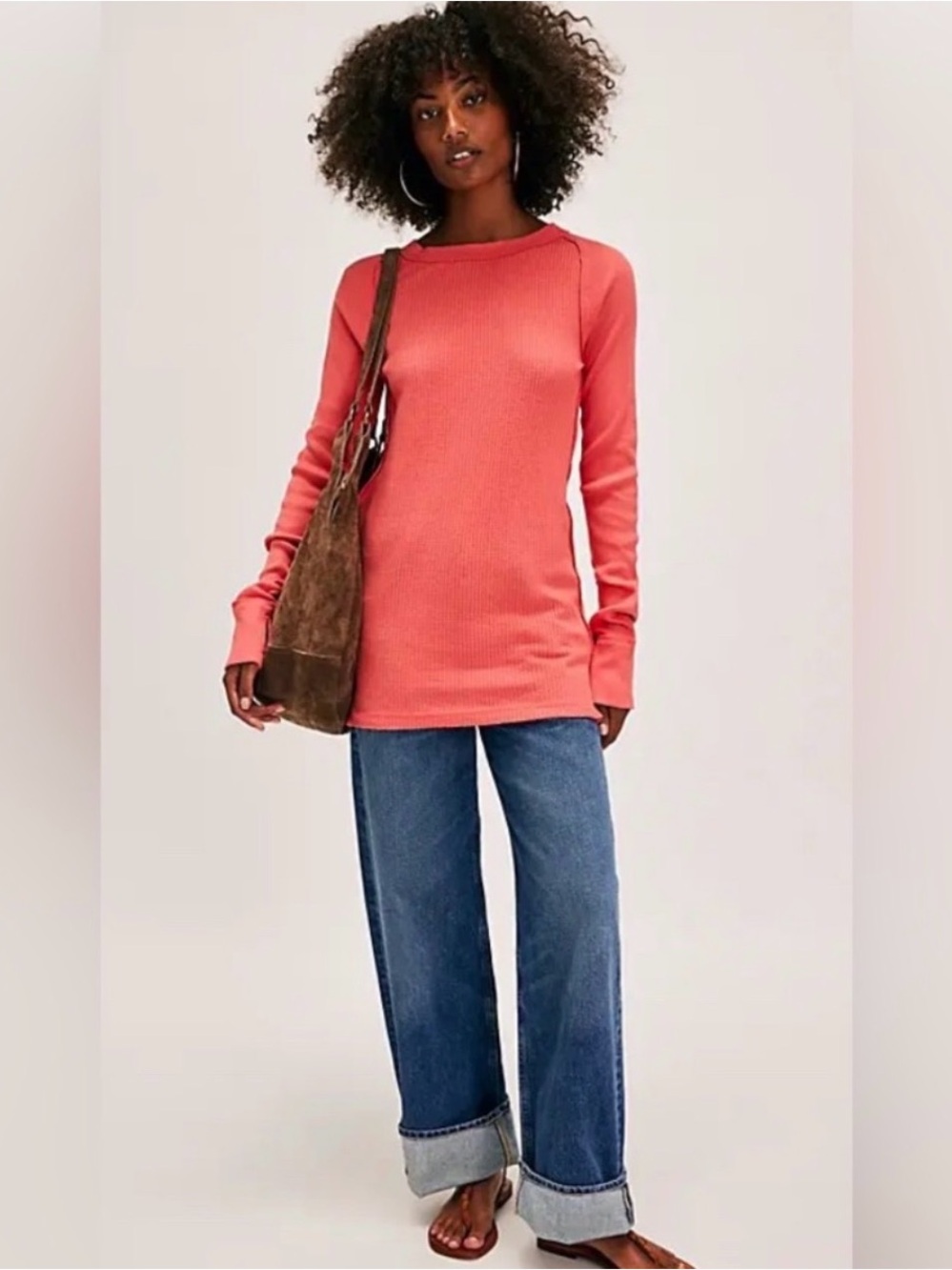 Free People Coral Scoop-Neck Waffle Knit Long Sleeve